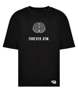 Schwarzes T-Shirt mit Gehirn und Slogan 'Forever. Gym.'